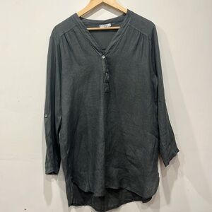 Grey Linen Long  V-Neck Henley Tunic / dress long sleeve adjustable L